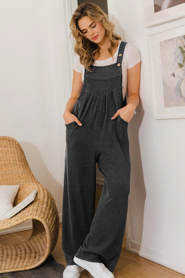 Knit Button Wide-Leg Overall Jumpsuit