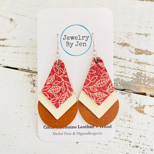 Triple Stacked Teardrop Earrings: Cranberry/Vanilla/Cognac
