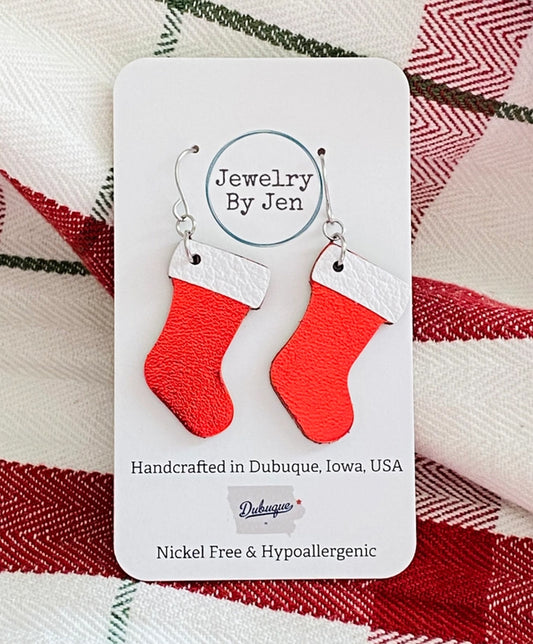 Christmas Stocking Earrings: Red Metallic