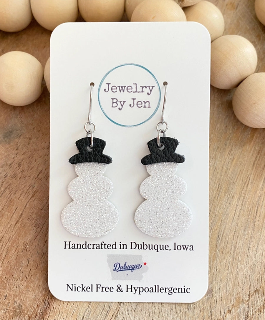 Snowman Earrings: White Fine Glitter W/Black Leather Hat