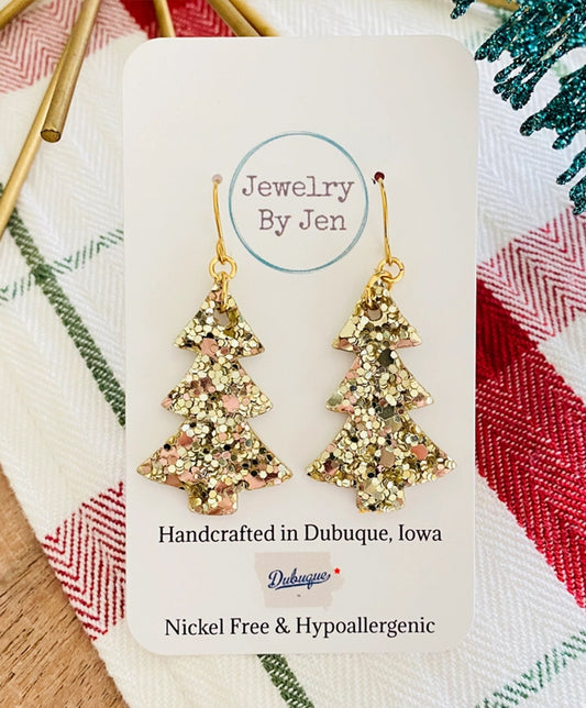 Christmas Tree Earrings: Gold Glitter