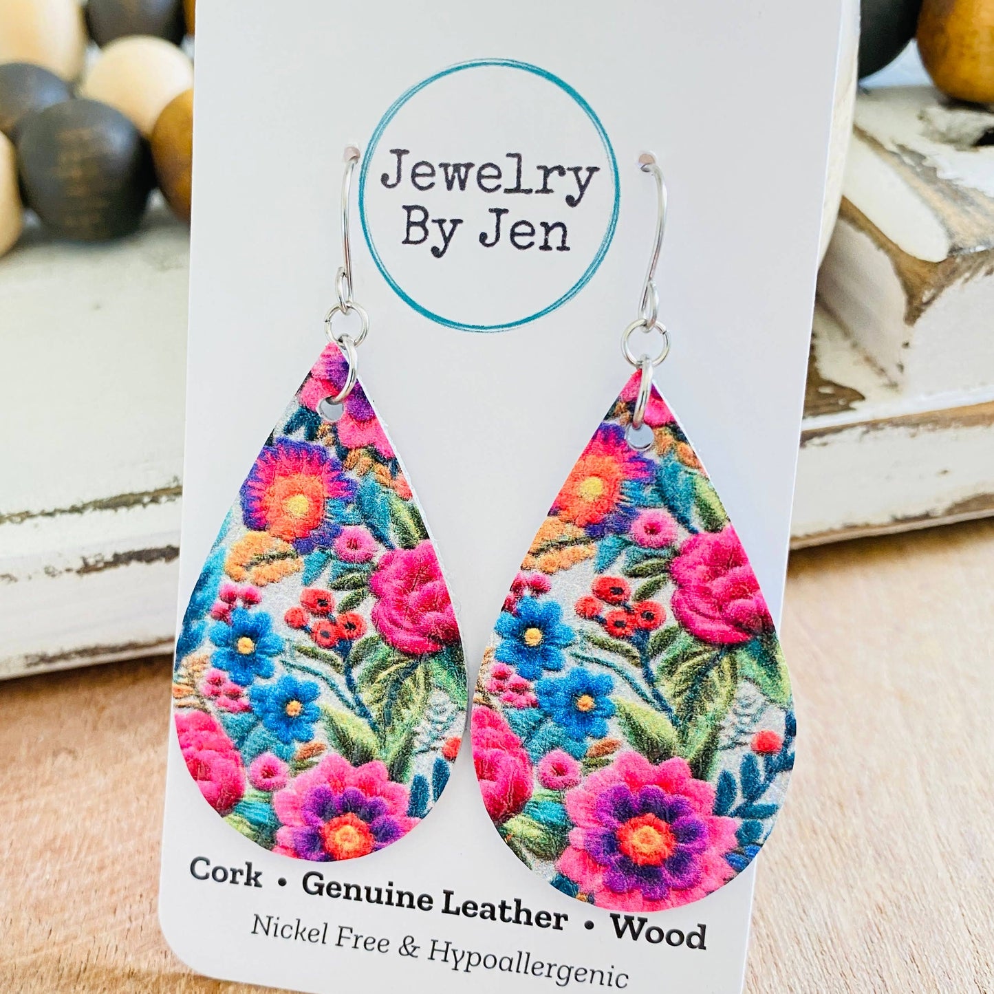 Medium Teardrop Earrings: Bright Folk Floral