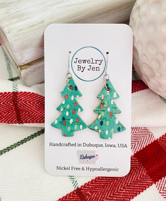 Christmas Tree Earrings: Green W/Dots