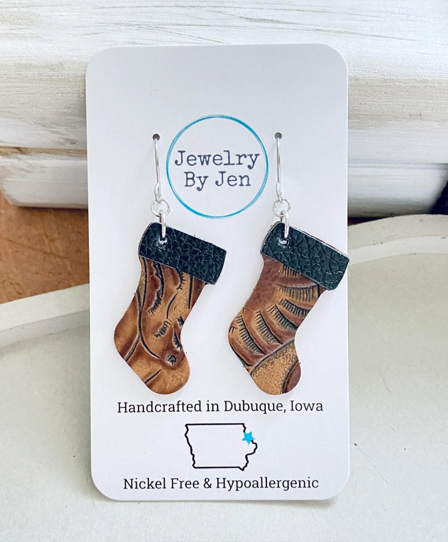 Christmas Stocking Earrings: Brown Western Tooled