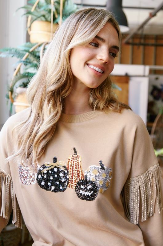 Sequin Pumpkin Fringe Sweatshirt