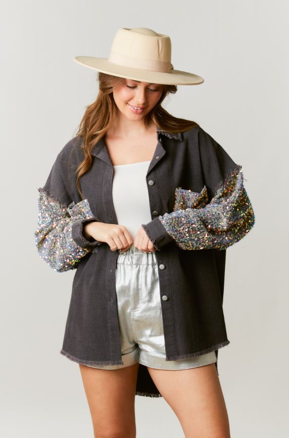 Corduroy Shacket With Sequined Pockets & Sleeves