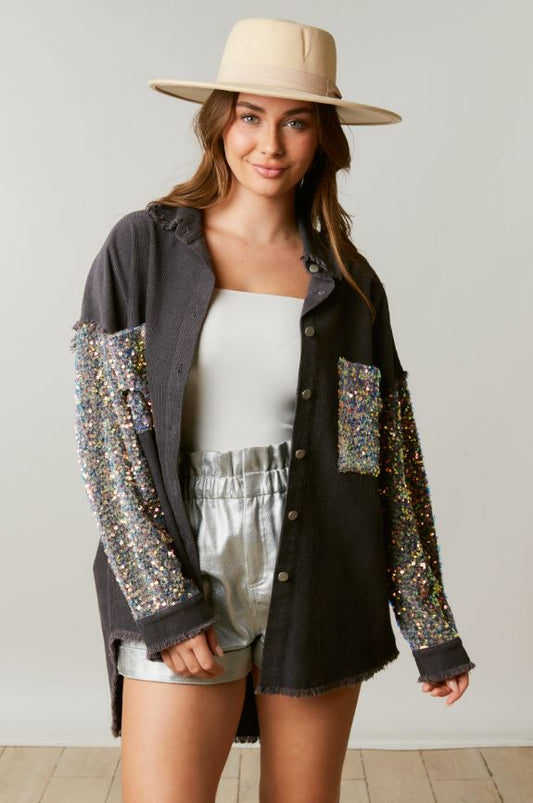 Corduroy Shacket With Sequined Pockets & Sleeves