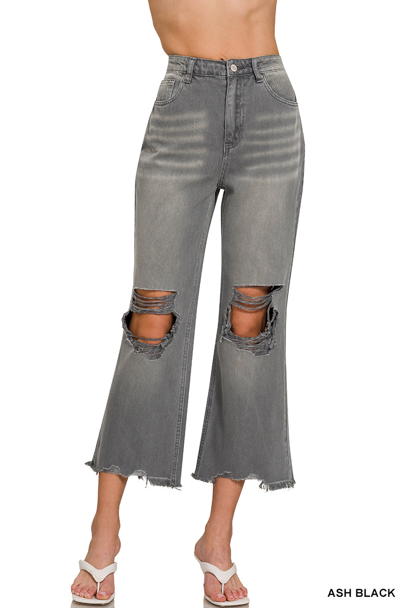 Washed Distressed Knee and Hem Cropped Pants