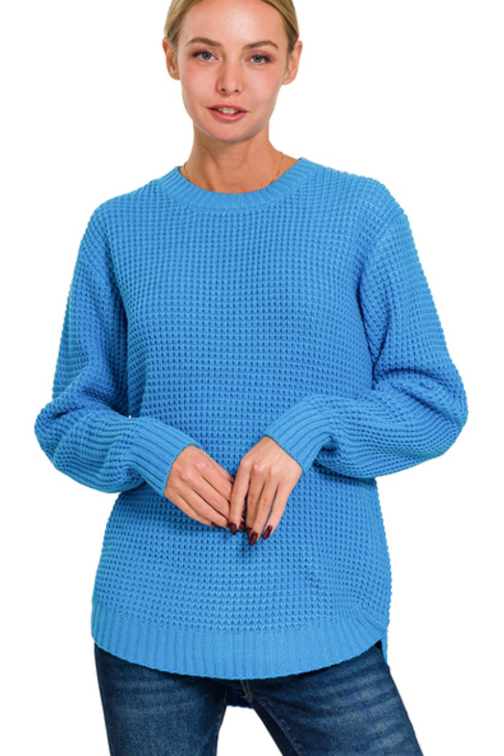 Hi-Low Long Sleeve Round Neck Waffle Sweater