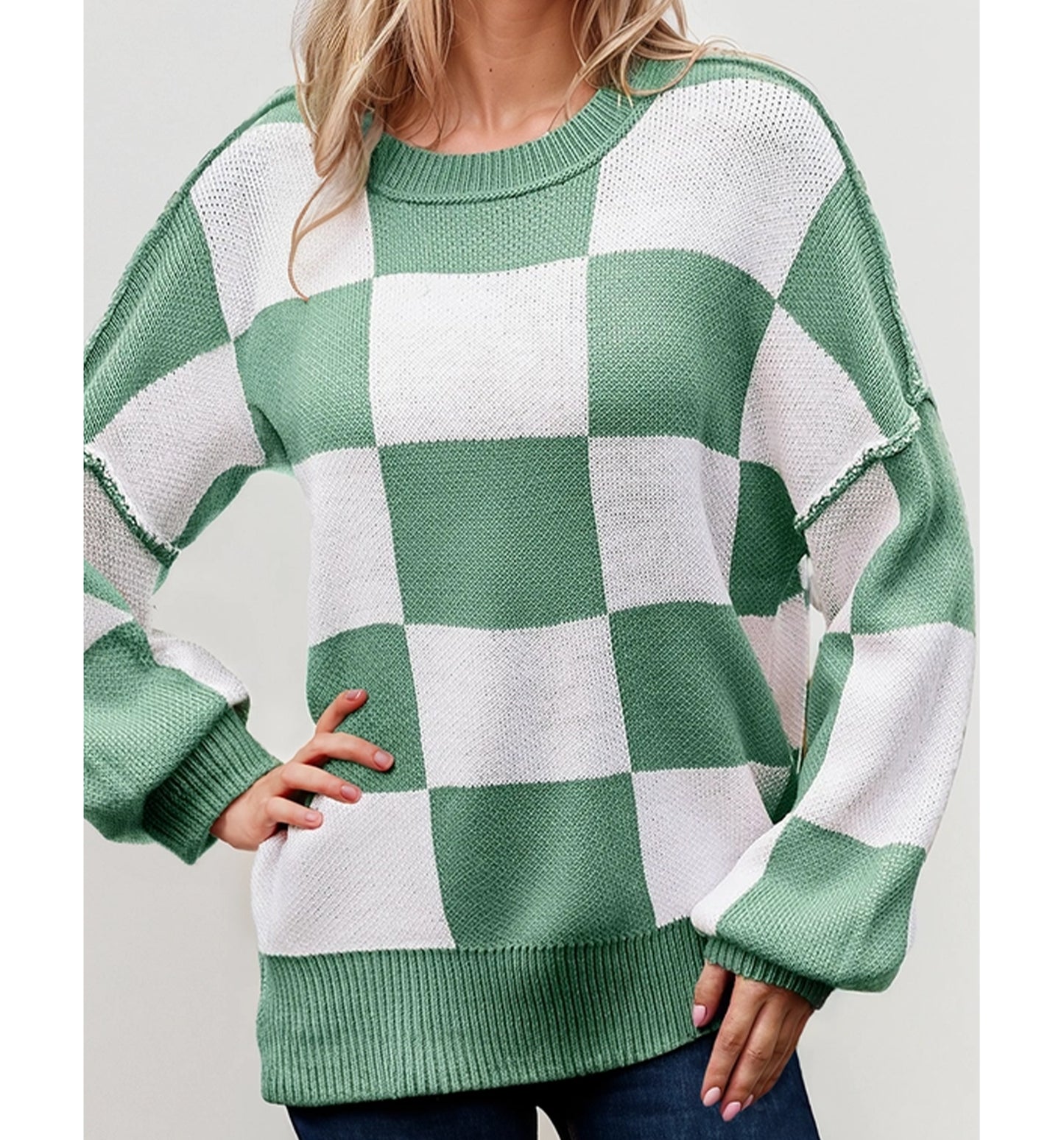 Checkered Round Neck Long Sleeve Sweater