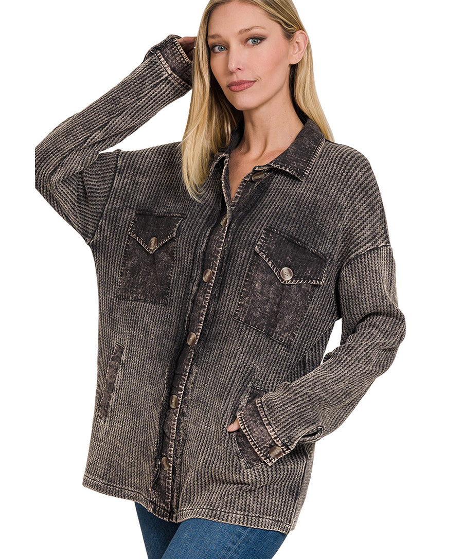 Cotton Waffle Acid Wash Oversized Shacket