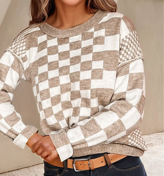 Checkered Print Long Sleeve Drop Shoulder Sweater