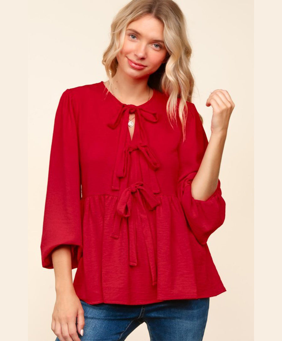 Front Ribbon Bow Tie Woven Blouse Top