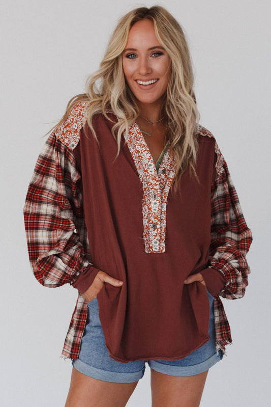 Floral Plaid Mixed Print Long Sleeve Top