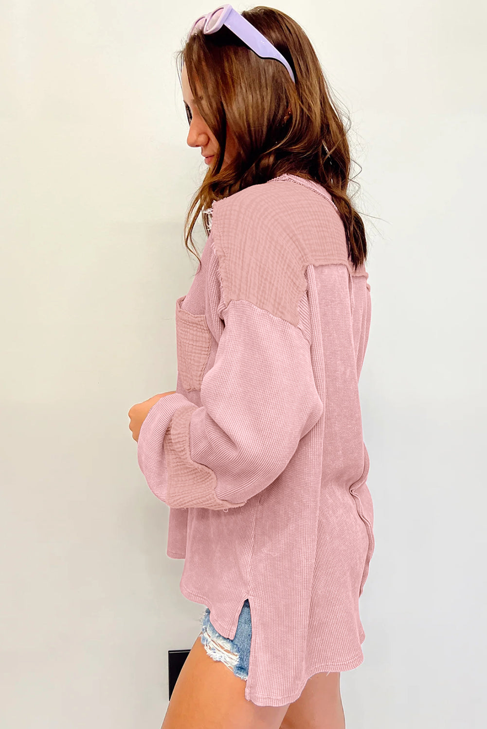 Exposed Seam Bubble Sleeve Waffle Knit (multiple colors)