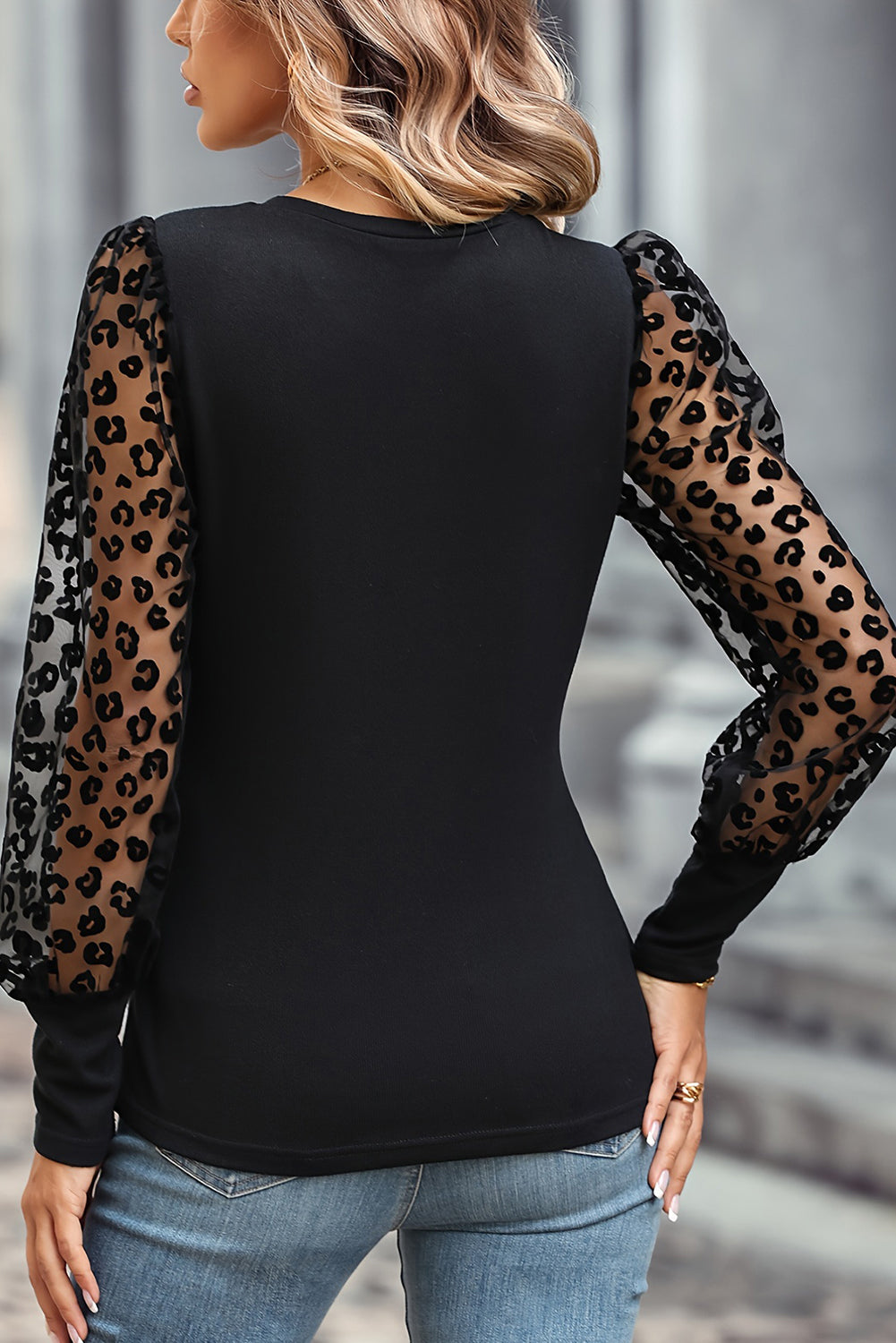 Black Leopard Mesh Puff Long Sleeve Top