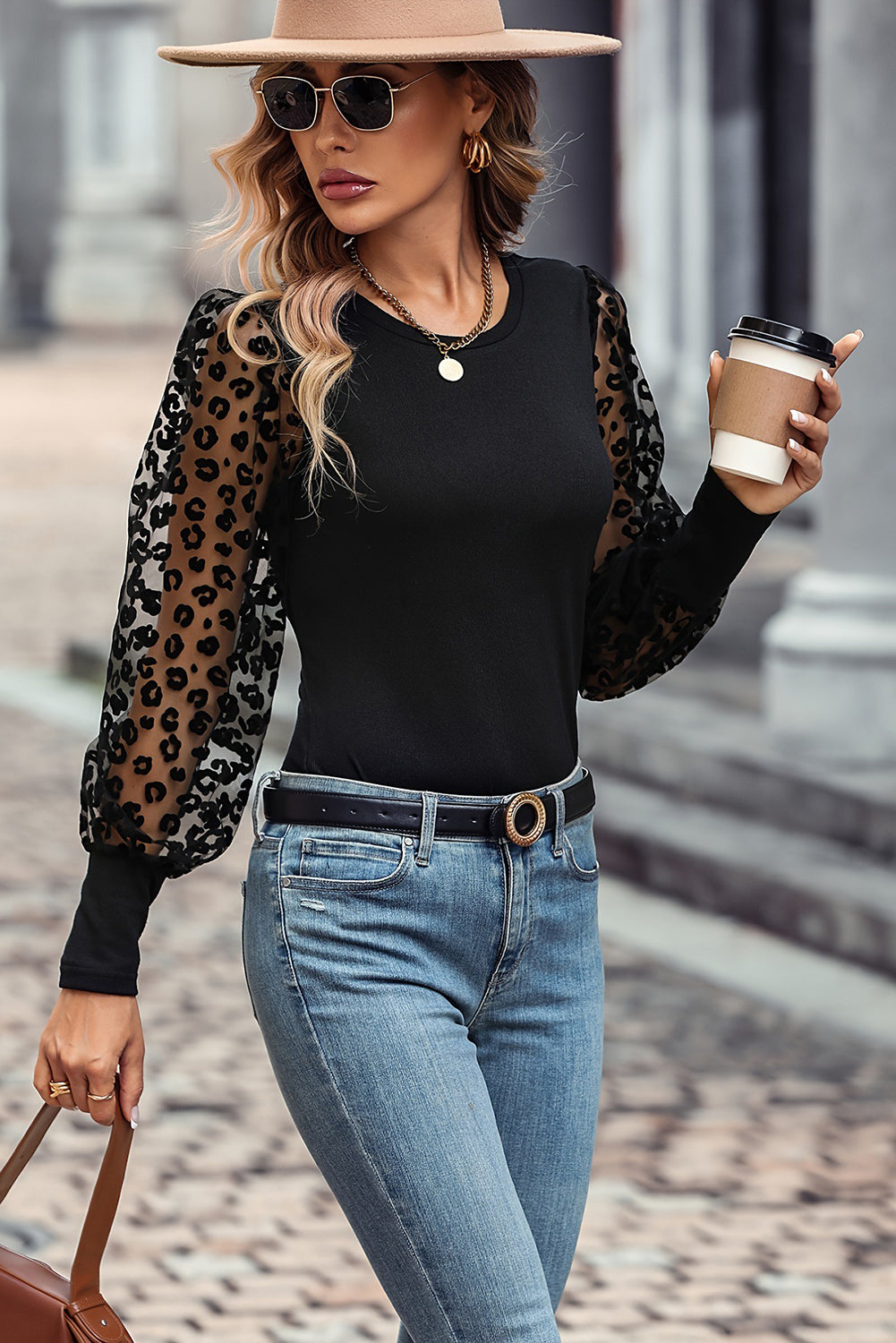 Black Leopard Mesh Puff Long Sleeve Top