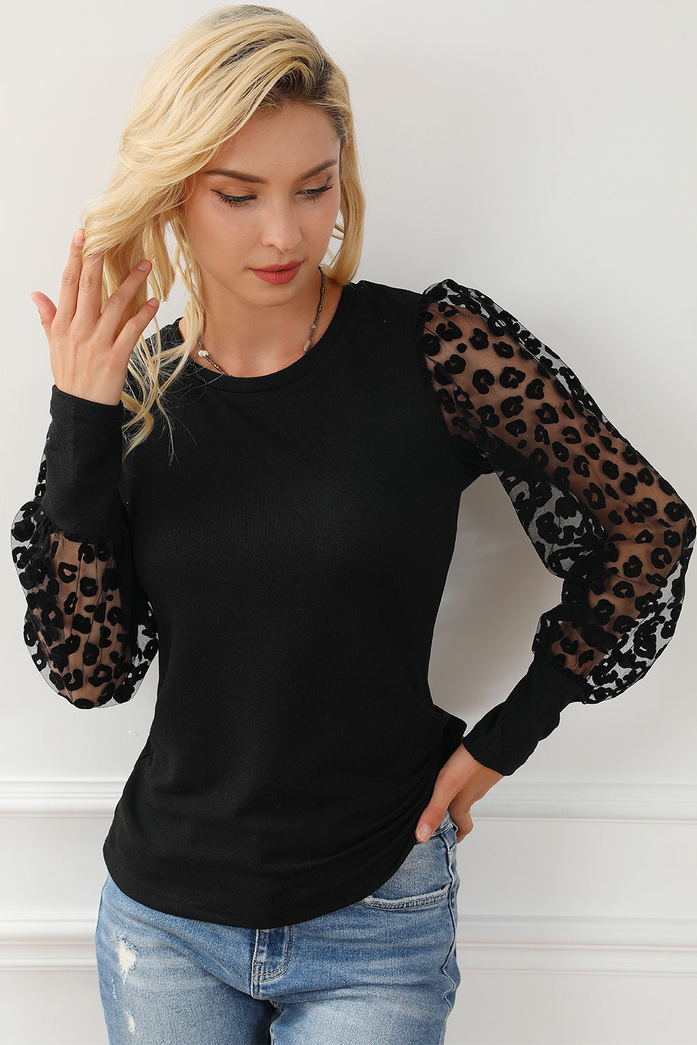 Black Leopard Mesh Puff Long Sleeve Top