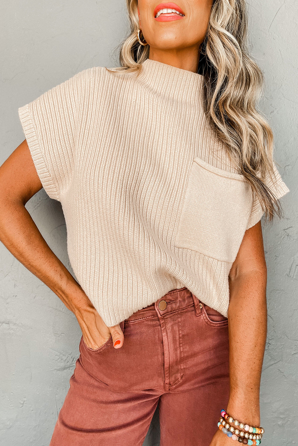 Ribbed Knit Short Sleeve Sweater