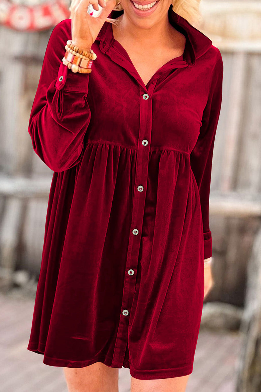 Long Sleeve Ruffle Velvet Button Up Dress (multiple colors)