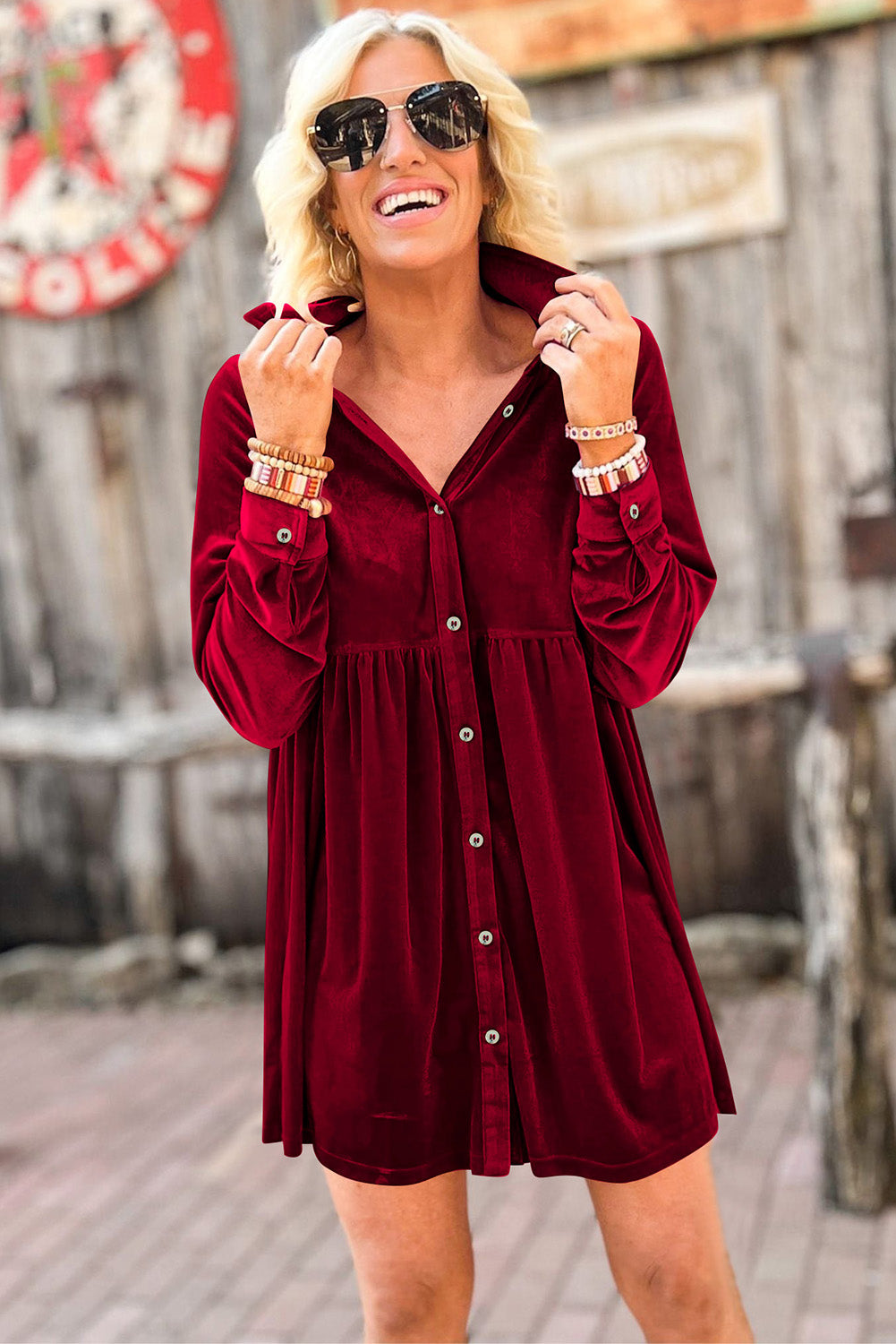 Long Sleeve Ruffle Velvet Button Up Dress (multiple colors) Goose Creek Boutique Printing Co Long Sleeve Ruffle Velvet Button Up Dress (multiple colors) Goose Creek Boutique Printing Co