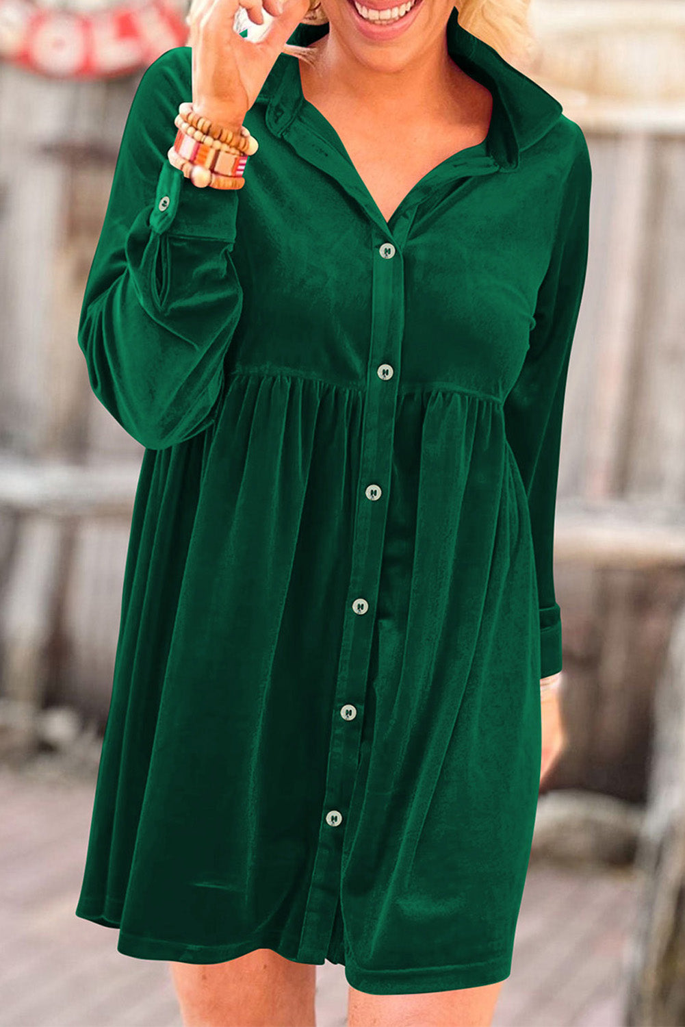 Long Sleeve Ruffle Velvet Button Up Dress (multiple colors)  Goose Creek  Boutique Printing Co