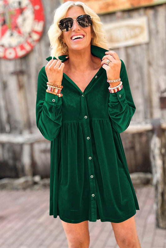 Long Sleeve Ruffle Velvet Button Up Dress (multiple colors)