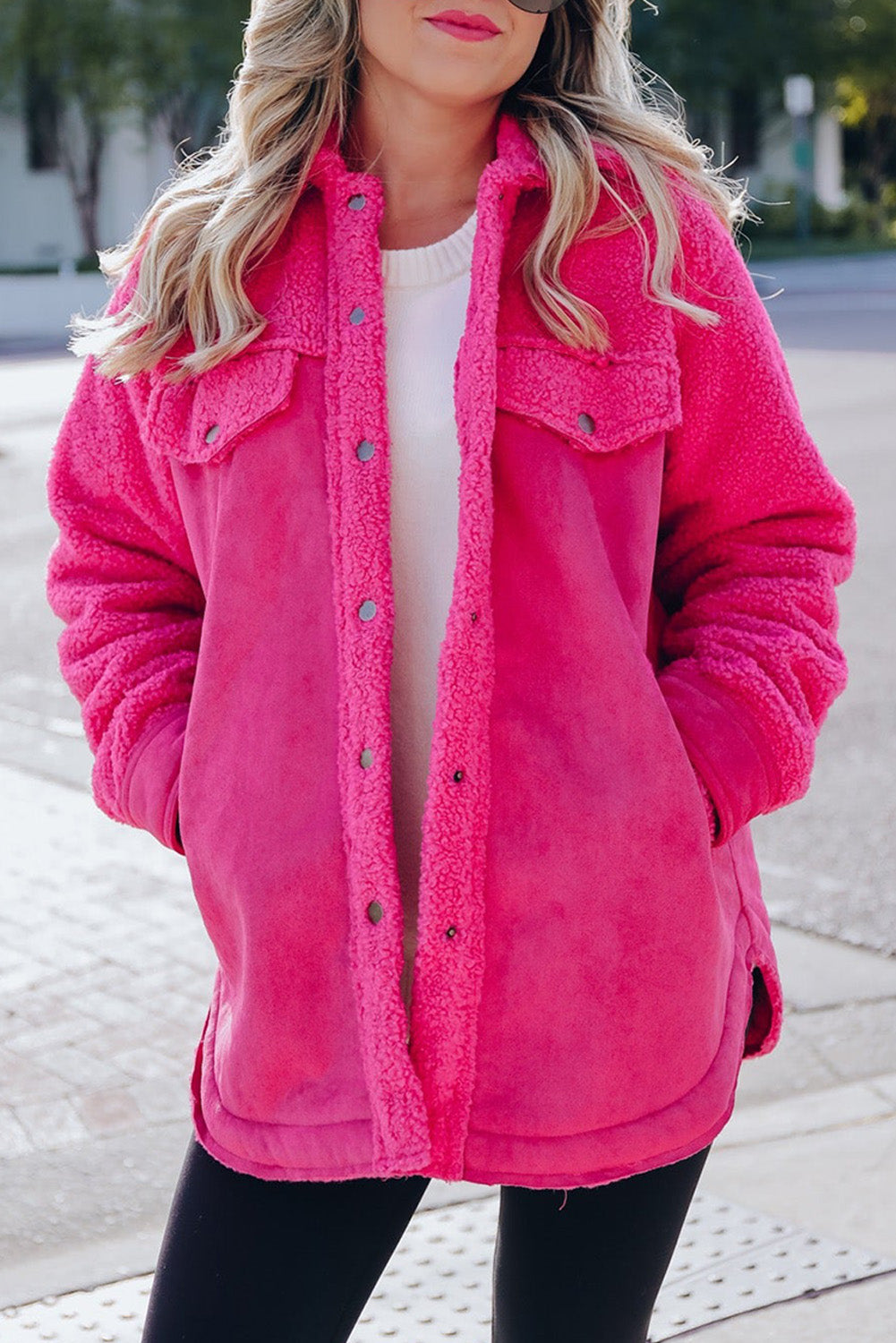 Hot Pink Faux Suede Sherpa Shacket