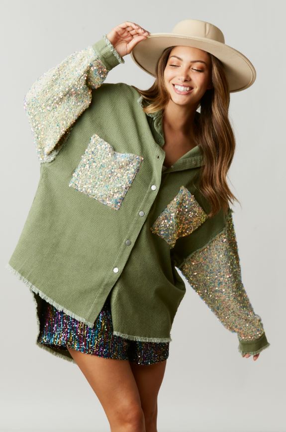 Corduroy Shacket With Sequined Pockets & Sleeves