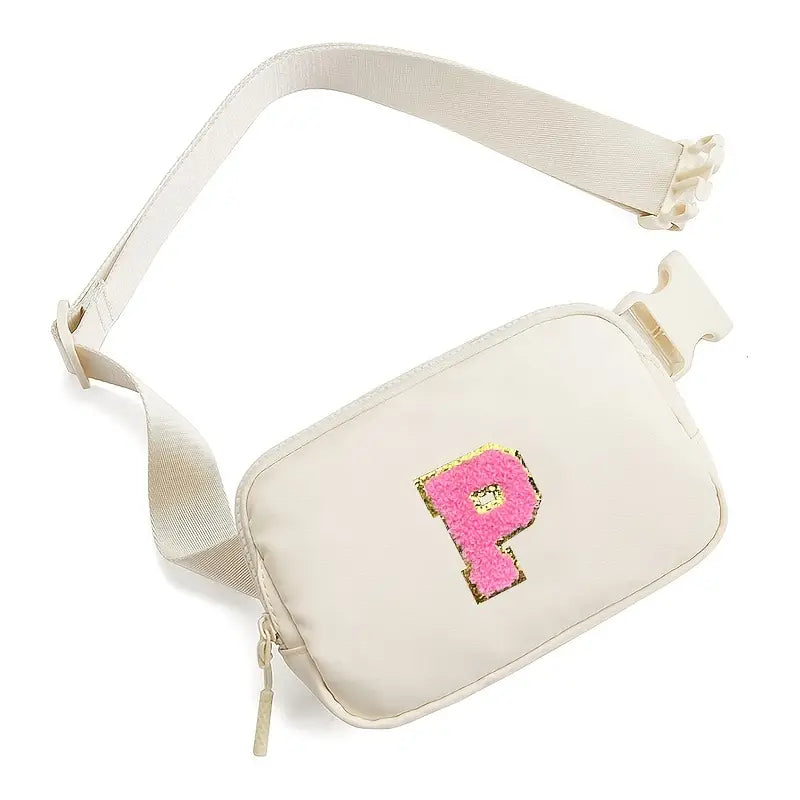 White & Pink Chenille Letter Crossbody Bag