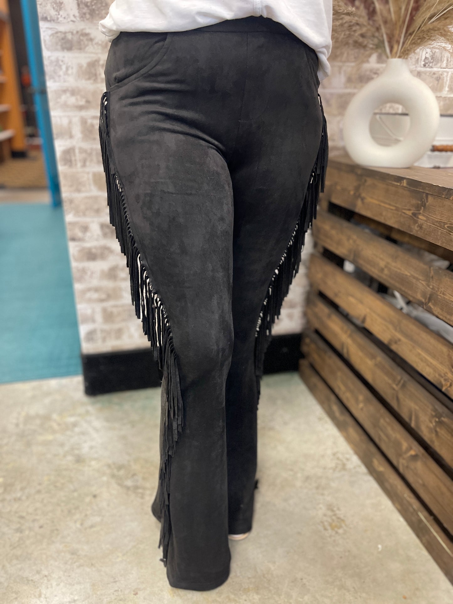 Suede Flared Pants with Fringe