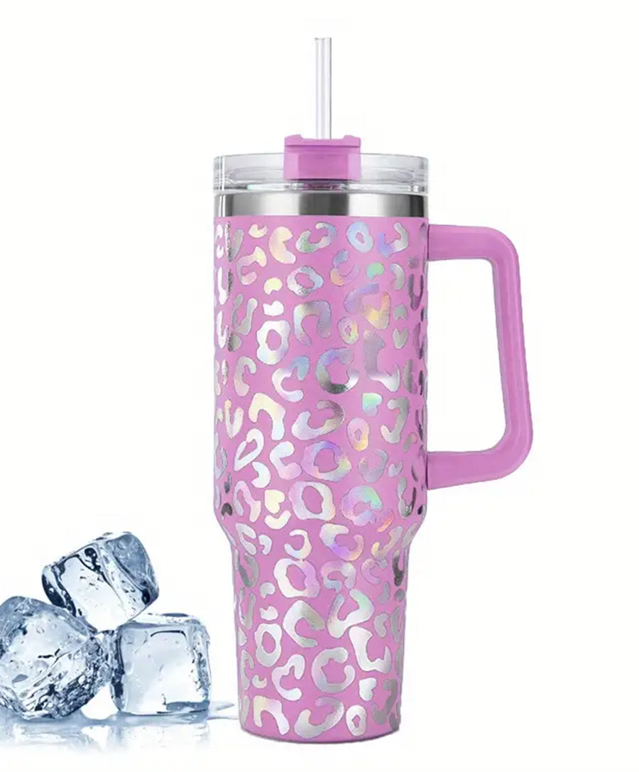 Pink Purple Holigraphic Leopard Stainless Steel Double Wall Insulated Cup - 40oz