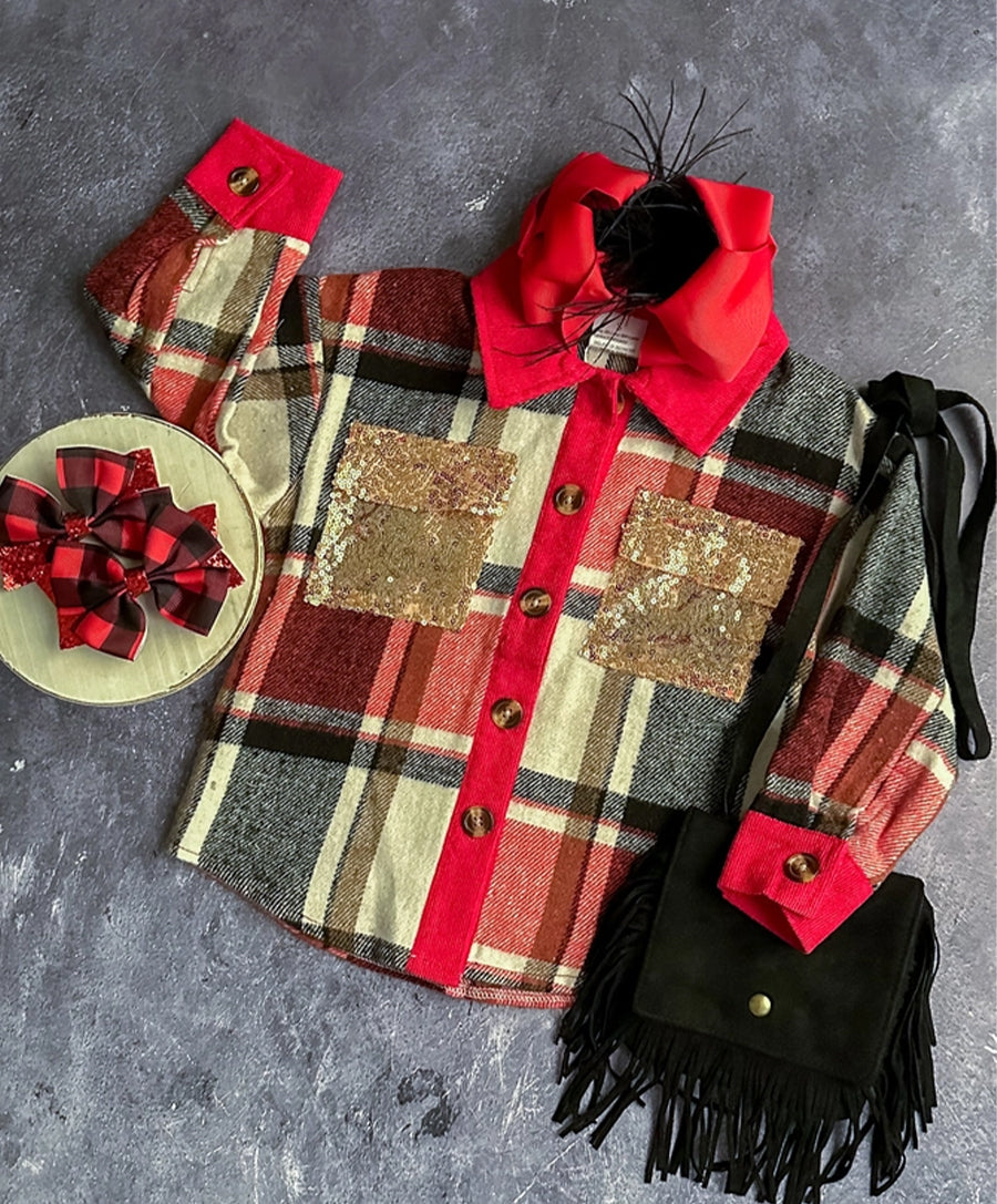 Red Plaid Sweater with Sequin Pockets