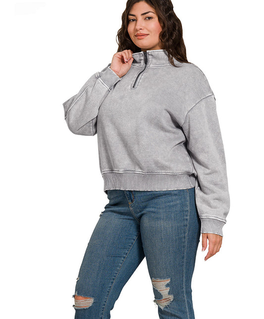 Plus Acid Wash Fleece Half Zip Pullover