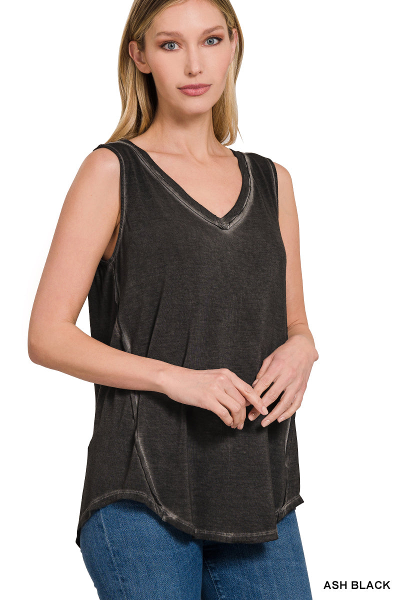 Washed Sleeveless V-Neck Top w. Hi-Low Hem