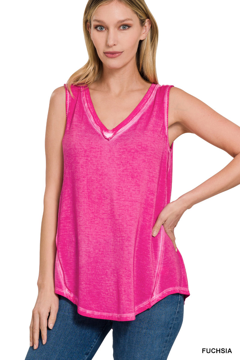 Washed Sleeveless V-Neck Top w. Hi-Low Hem