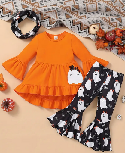 3-Piece Girls Outfit with Ghost Print Top, Flared Pants & Scarf