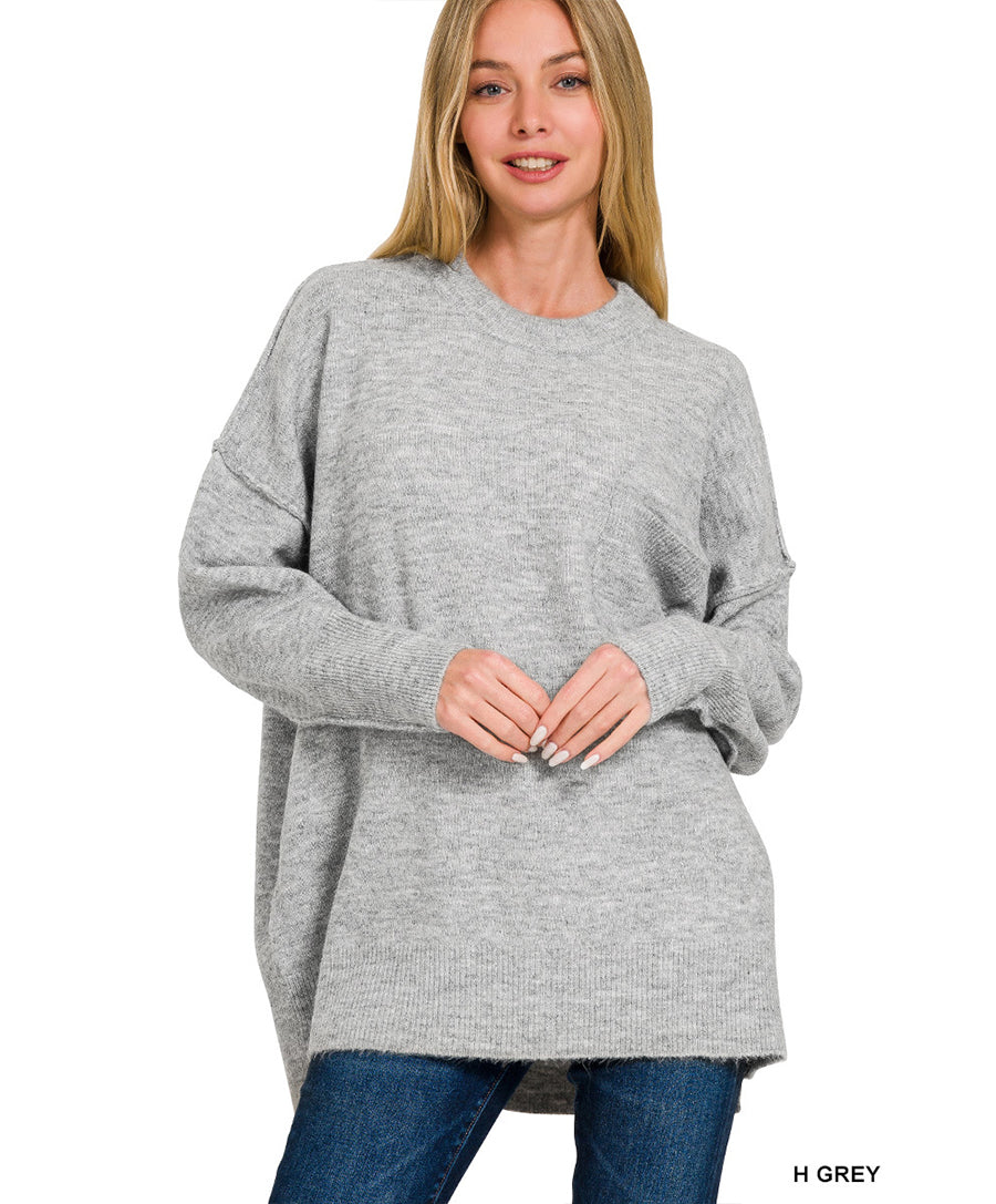 Melange Hi-Low Hem Pocket Sweater