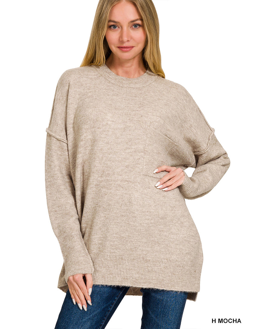 Melange Hi-Low Hem Pocket Sweater