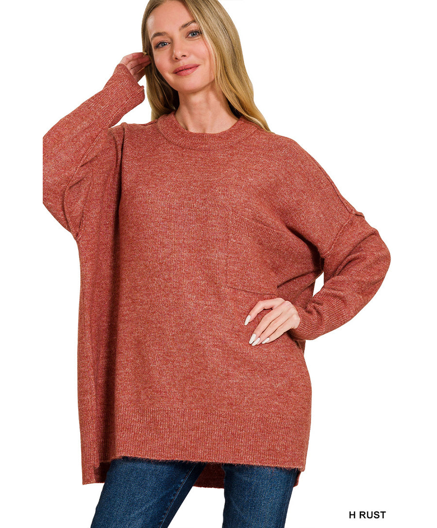 Melange Hi-Low Hem Pocket Sweater