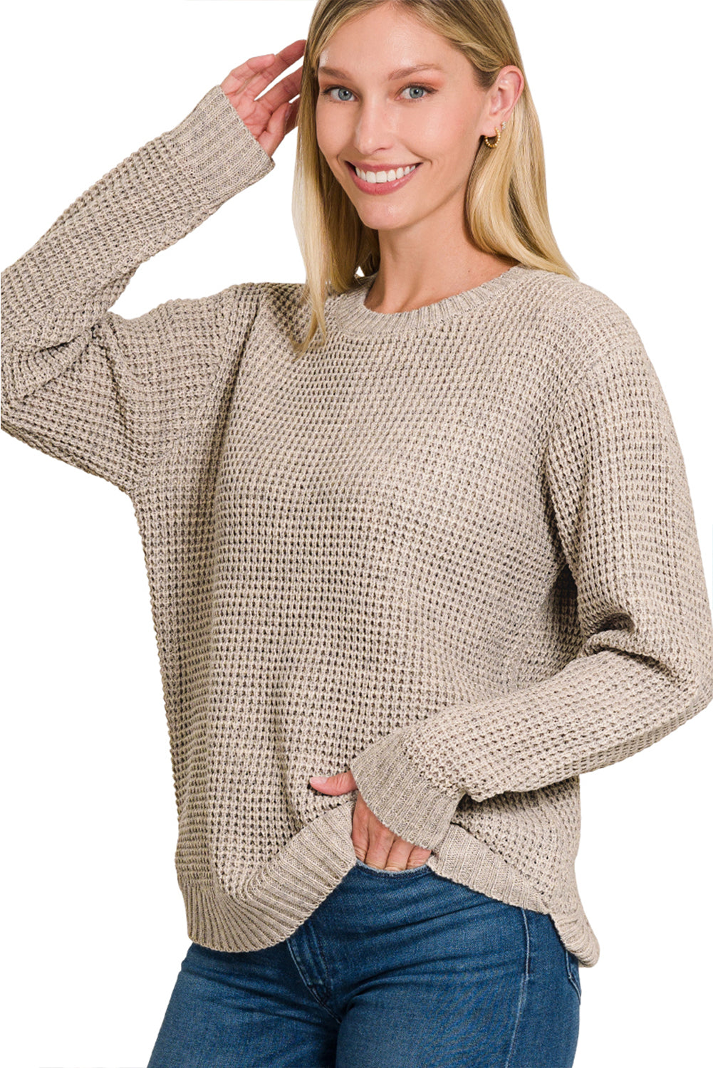 Hi-Low Long Sleeve Round Neck Waffle Sweater