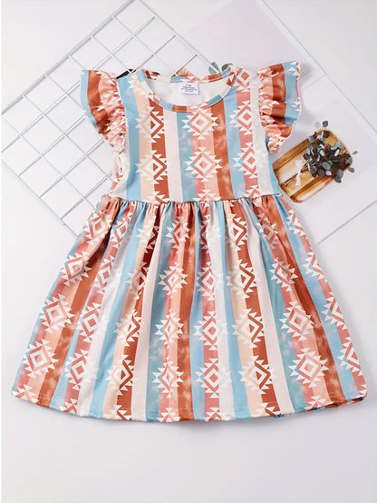 Toddler Girl Aztec and Stripped Ruffled Dress