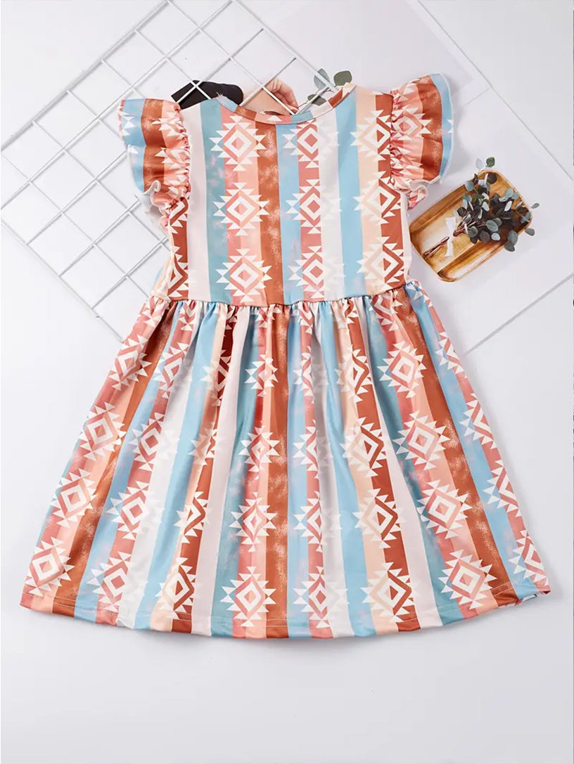 Toddler Girl Aztec and Stripped Ruffled Dress