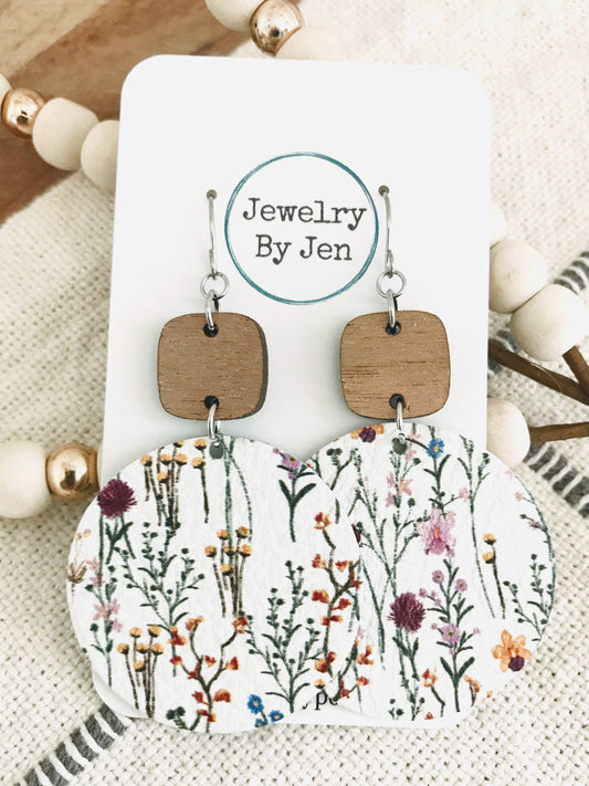 Walnut Rounded Square & Delicate Wildflowers Circle Earrings