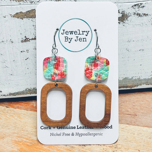 Wood Cutout Rectangle & Spring Splash Earrings