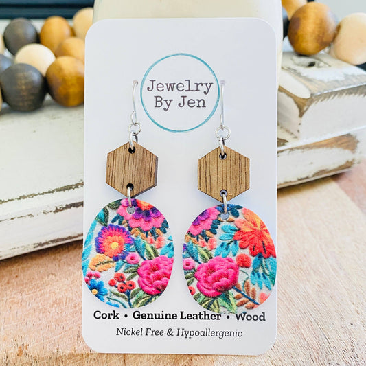 Walnut Hexagon & Bright Folk Floral Earrings