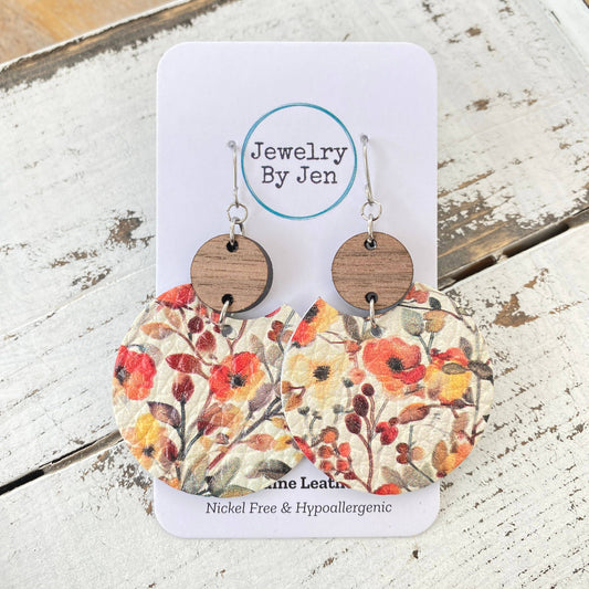 Luna Earrings: Autumn Watercolor Floral w/Wood