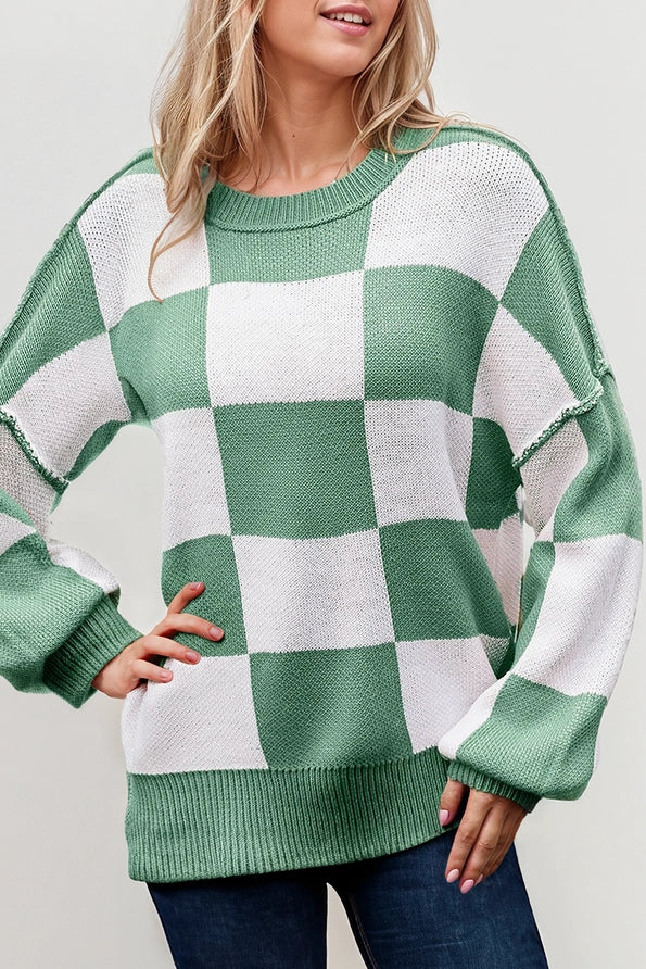 Checkered Round Neck Long Sleeve Sweater