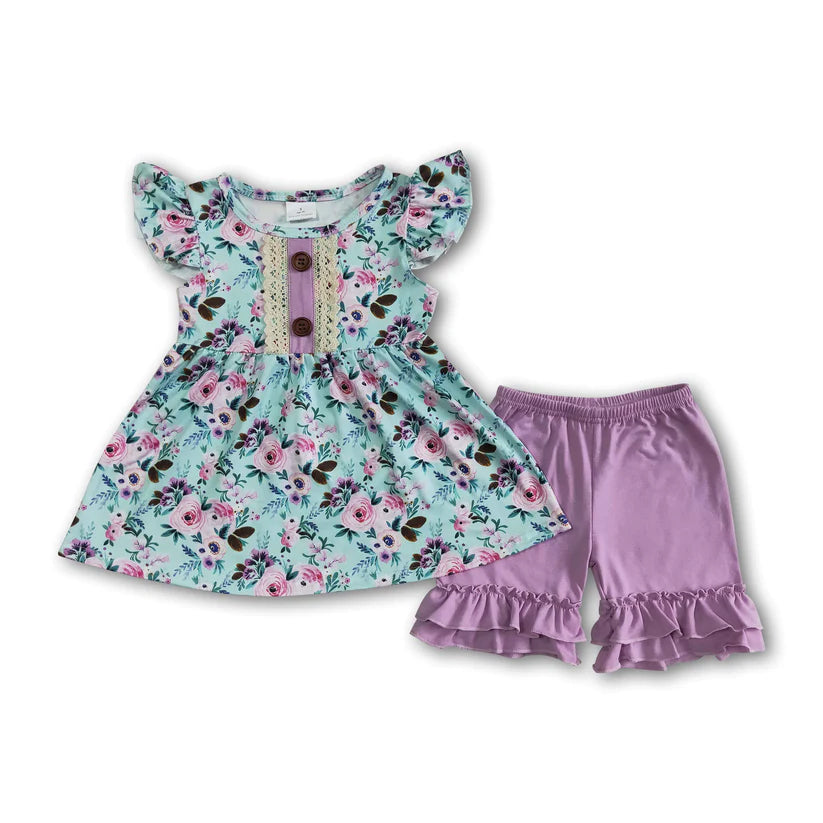 Floral Tunic Ruffle Shorts Girls Outfit