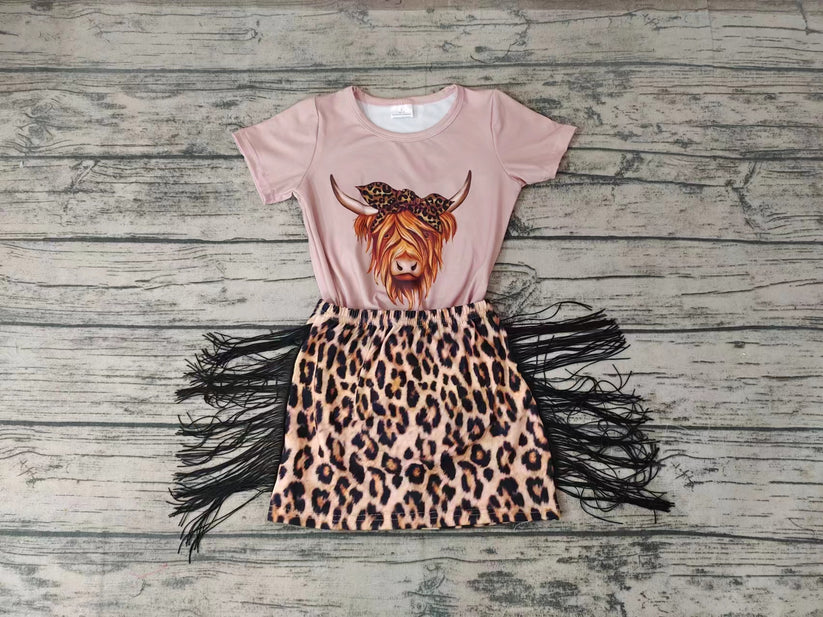 Highland Cow & Leopard Tassel Skirt Girl Set